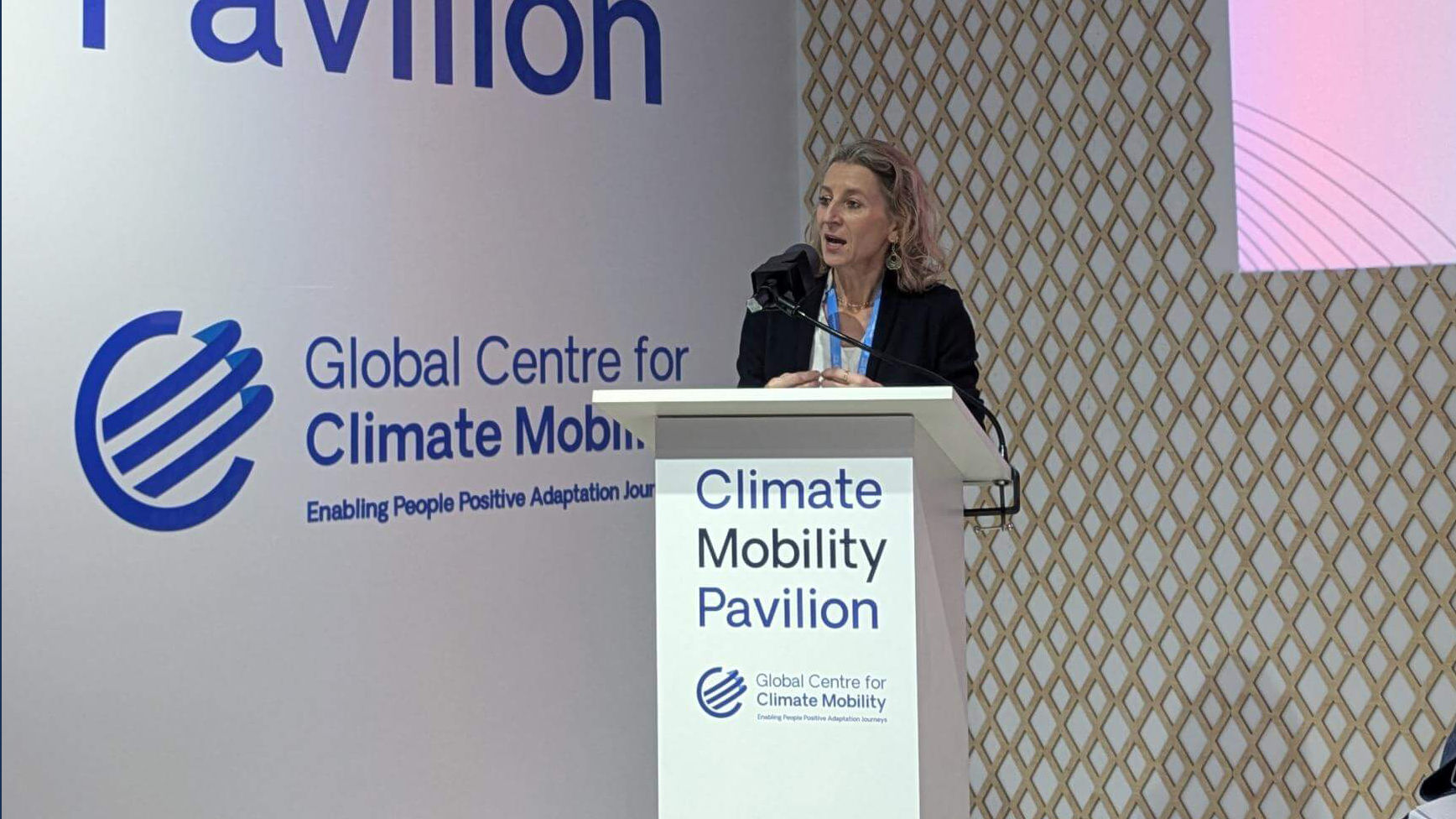 IDMC Director, Alexandre Bilak, presenting at the Climate Mobility Pavilion at COP29