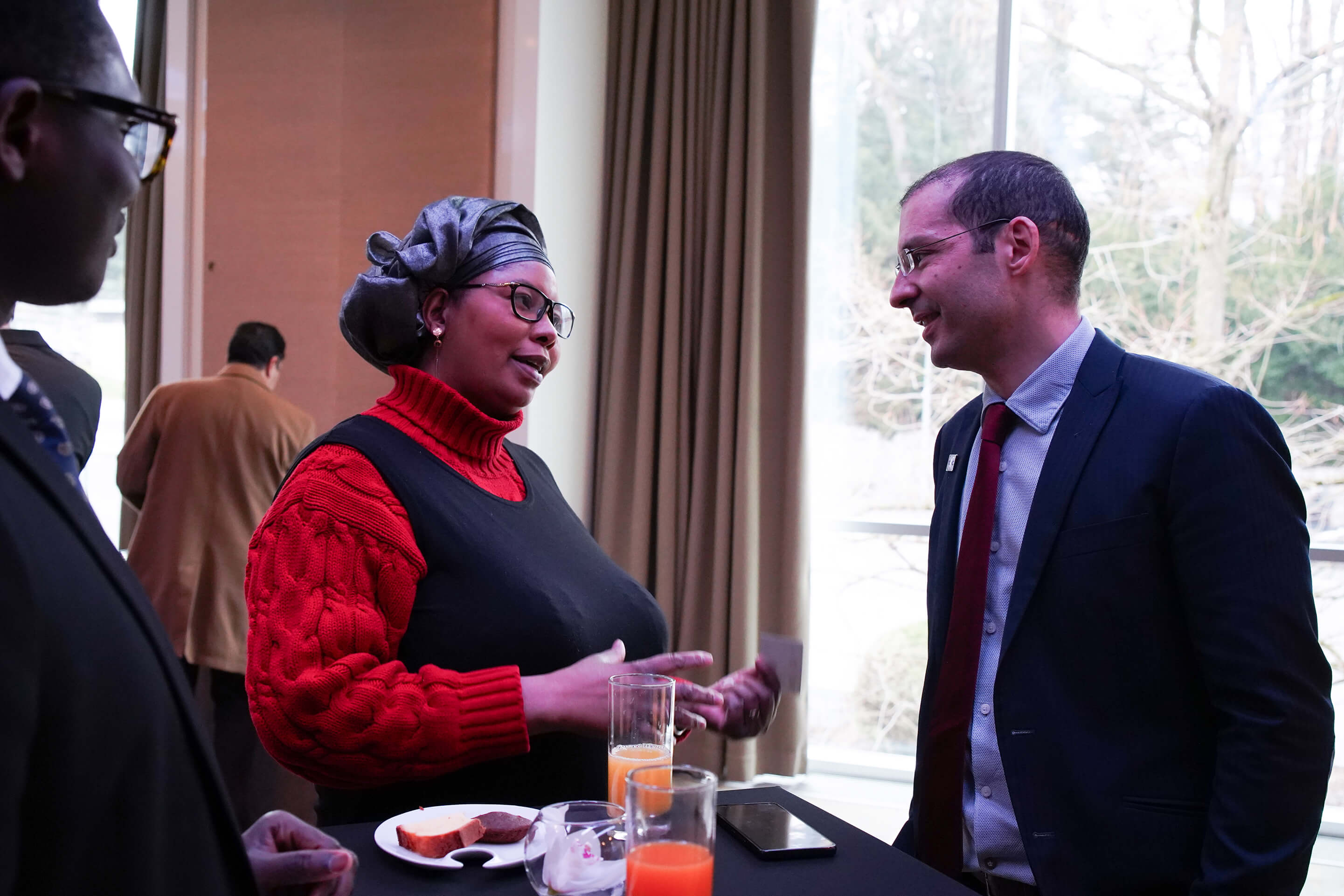 Fatim Diakite, Second Counsellor from the Permanent Mission of Mali to the United Nations in Geneva, in conversation with Youssef Jai, IDMC Senior Policy Adviser at the event with Ambassadors and representatives from 25 African states and the African Union.