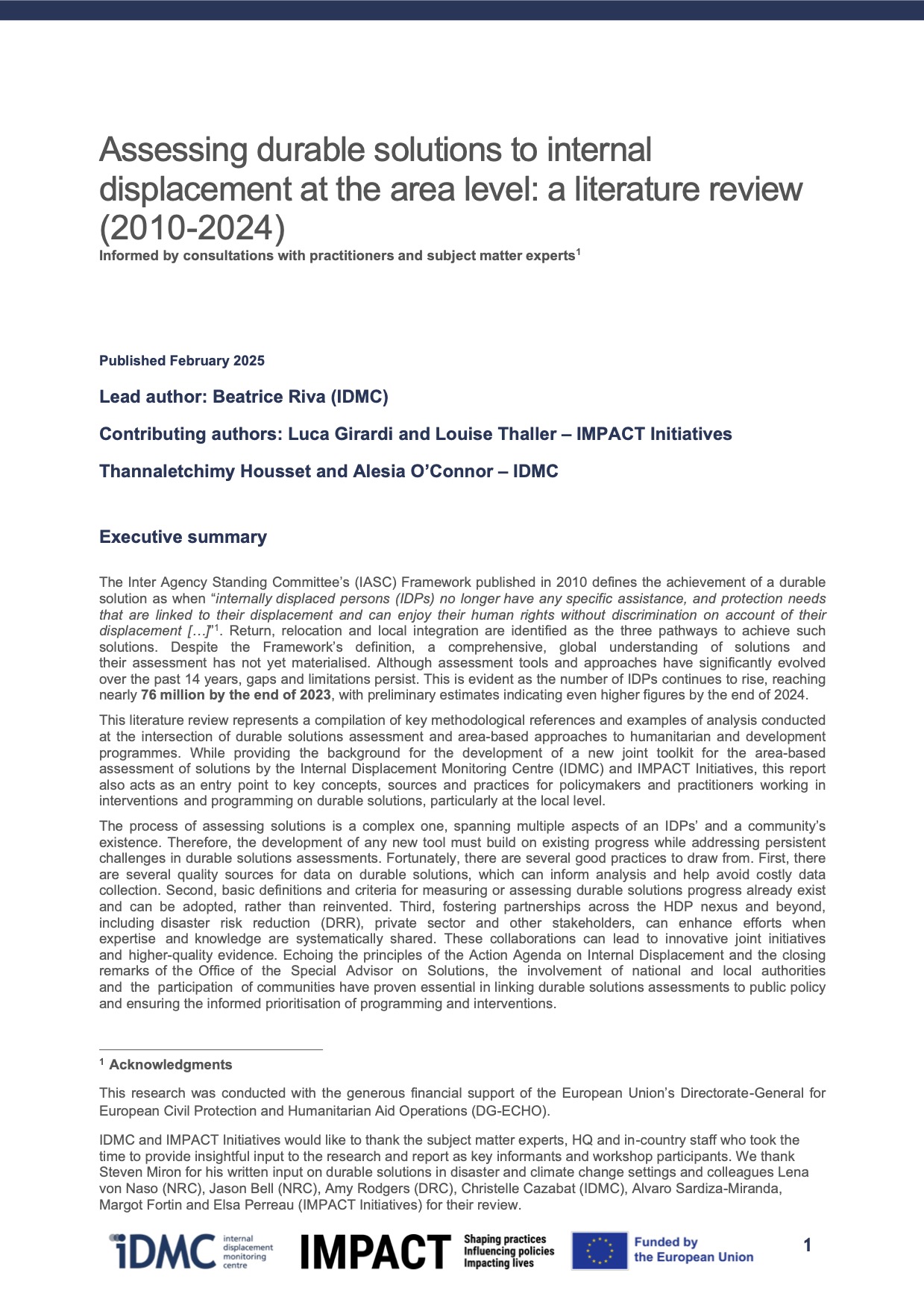 Assessing durable solutions to internal displacement at the area level: a literature review (2010-2024)