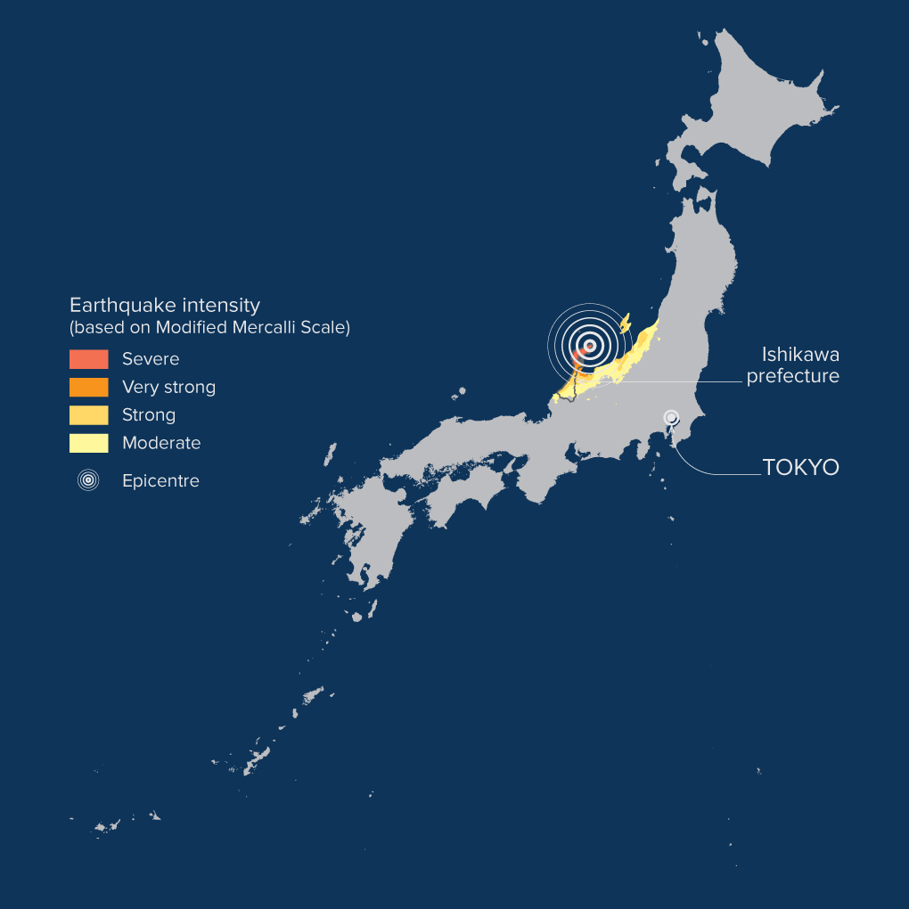 Map showing areas affected by earthquake that caused internal displacements in Japan