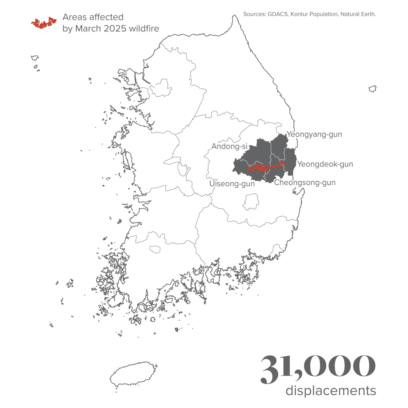 Map of wildfire displacements in Korea in 2025
