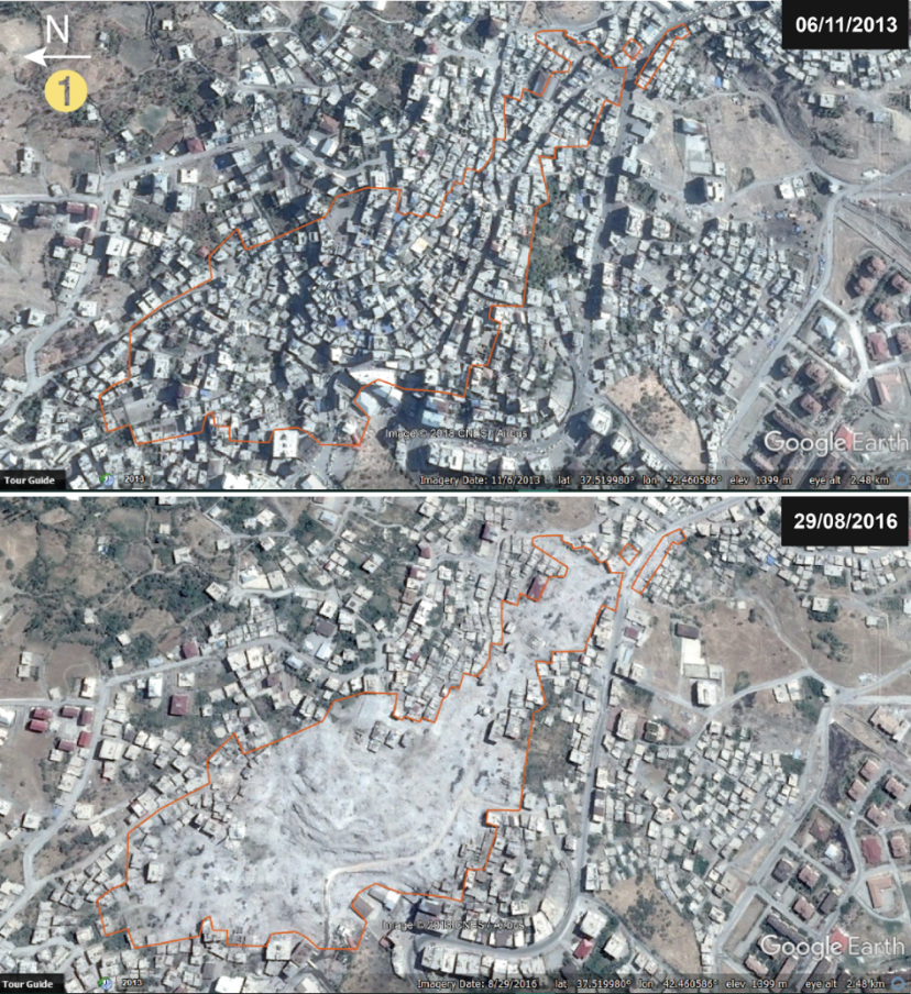 Destruction visible from satellite images in Simak, Turkey