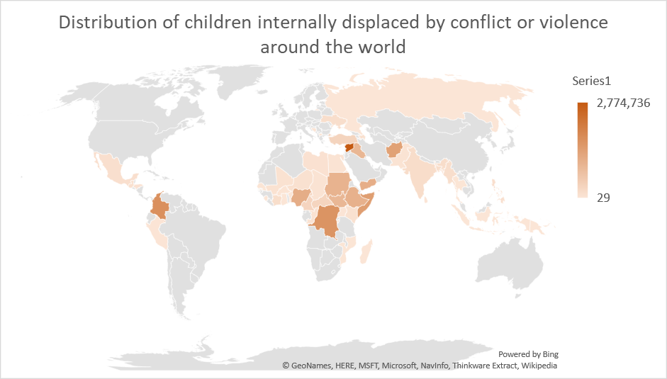 Distribution of children internally displaced by conflict or violence around the world