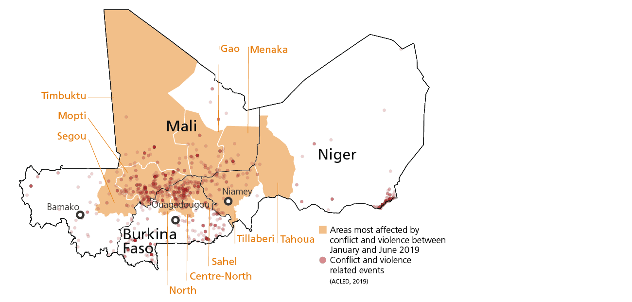 Map showing the areas most affected by violence and conflict