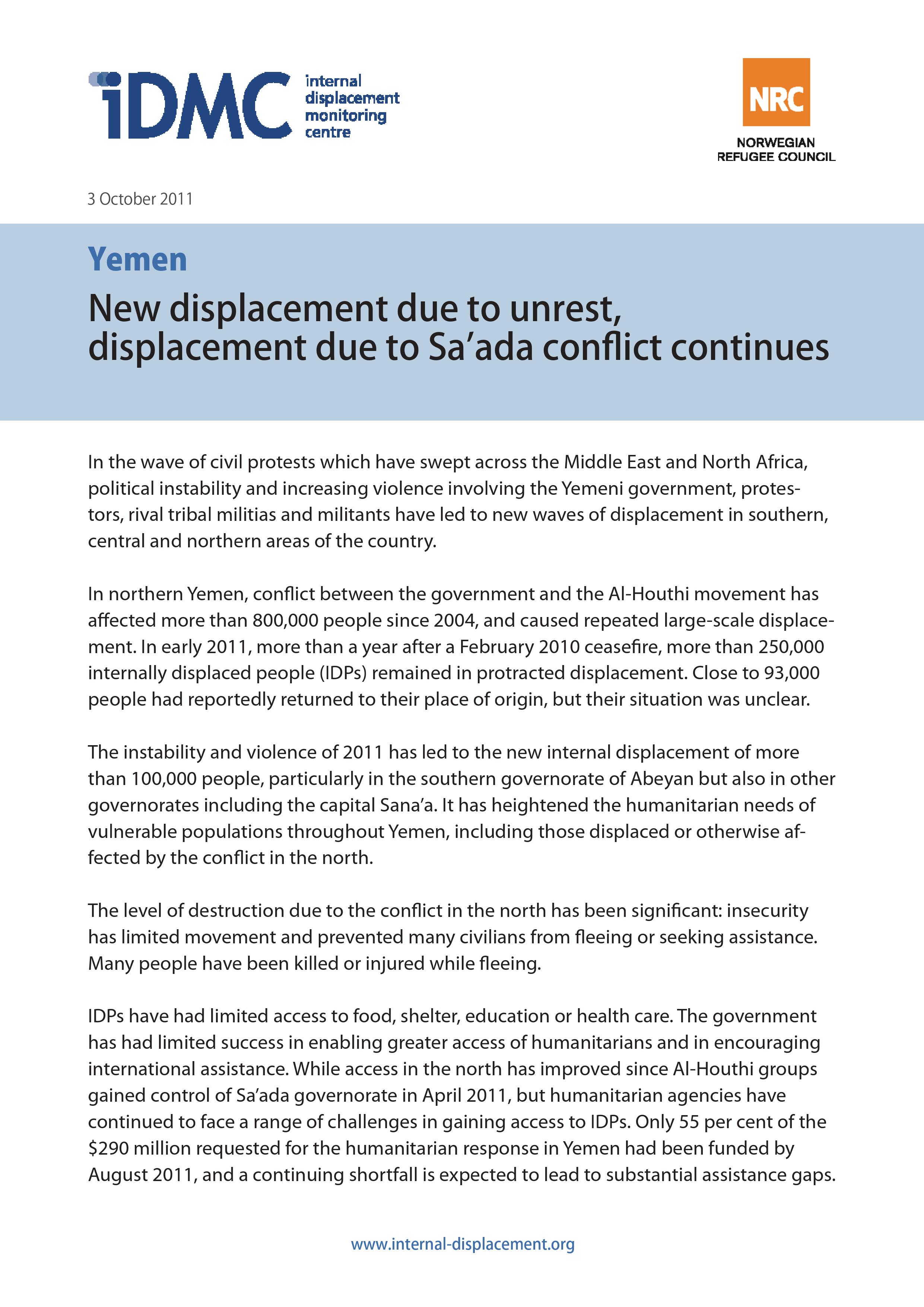 New displacement due to unrest, displacement due to Sa’ada conflict continues
