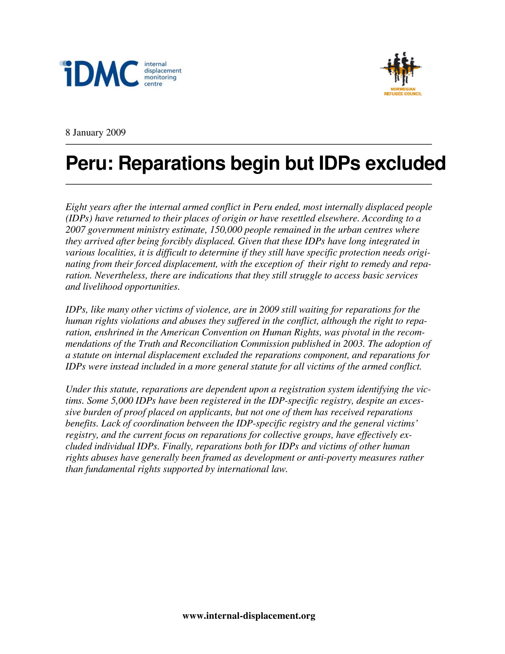 Peru: Reparations begin but IDPs excluded