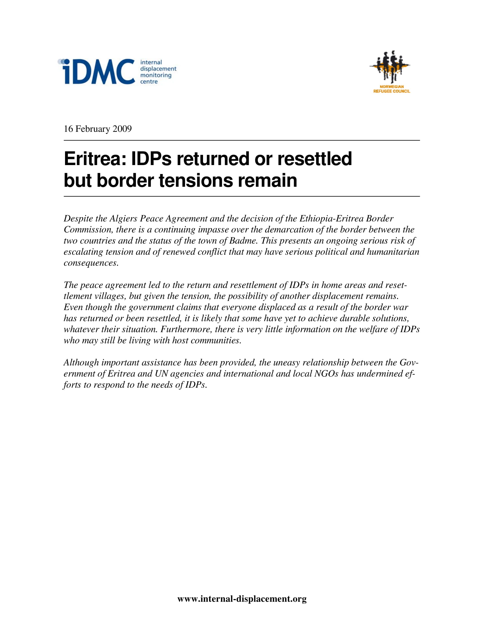 Eritrea: IDPs returned or resettled  but border tensions remain 