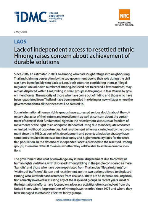 Laos: Lack of independent access to resettled ethnic Hmong raises concern about achievement of durable solutions