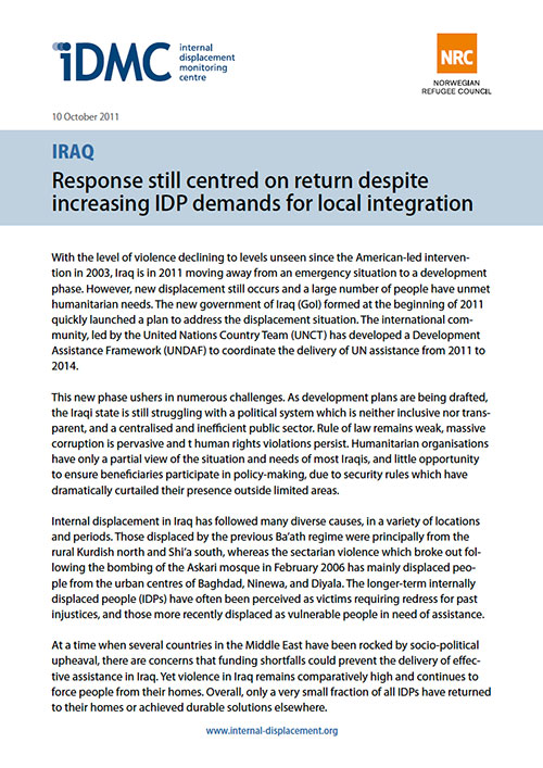 Iraq: Response still centred on return despite increasing IDP demands for local integration