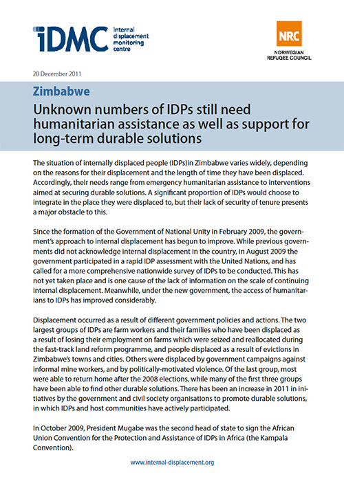 Zimbabwe: Unknown numbers of IDPs still need humanitarian assistance as well as support for long-term durable solutions