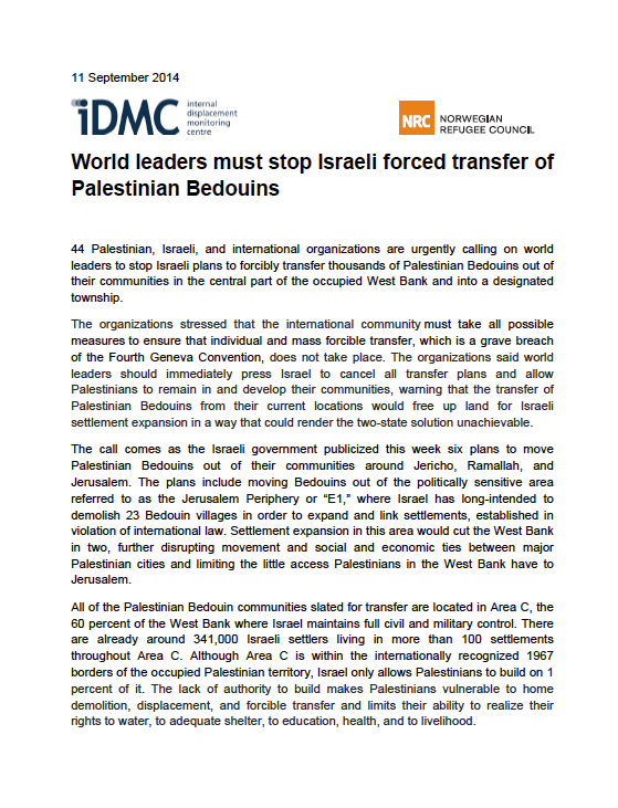 Israeli forced transfer of Palestinian Bedouins: IDMC joins 42 other NGOs calling on world leaders to stop the implementation of the plan