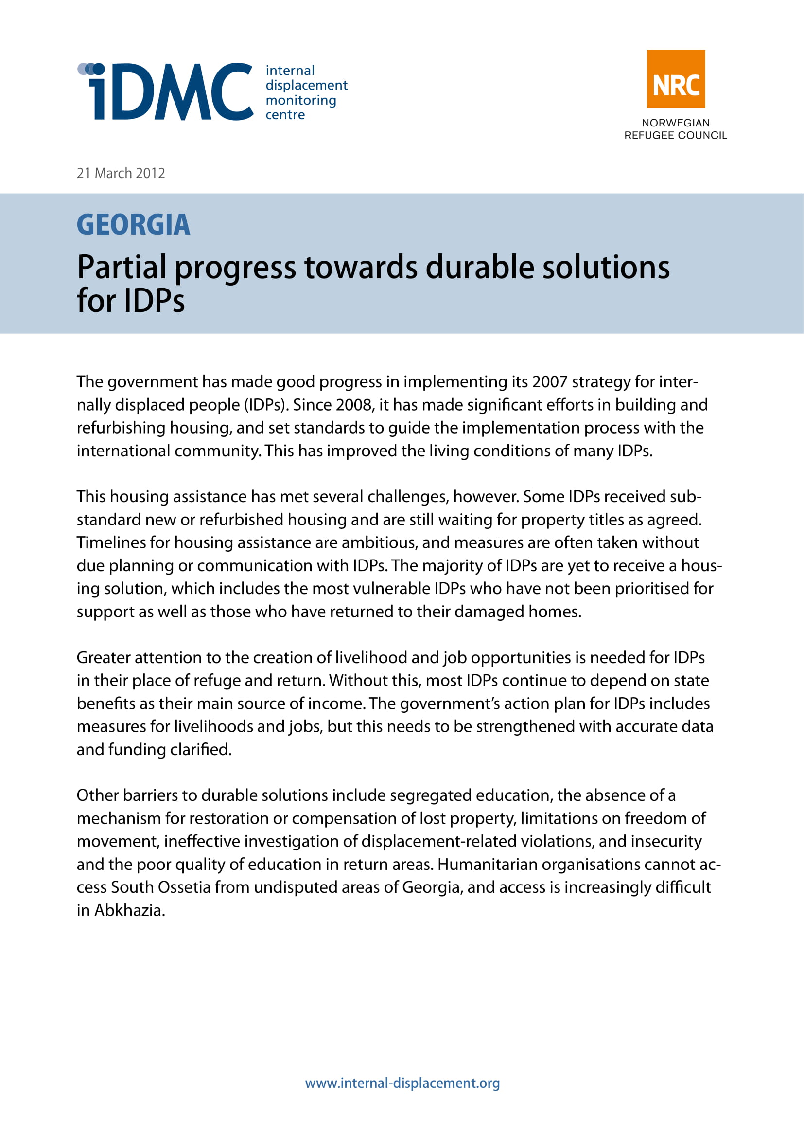Georgia: Partial progress towards durable solutions for IDPs