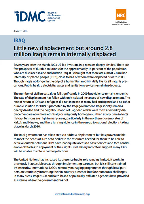Iraq: Little new displacement but around 2.8 million Iraqis remain internally displaced