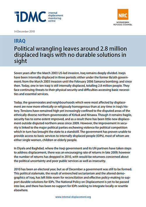 Iraq: Political wrangling leaves around 2.8 million displaced Iraqis with no durable solutions in sight