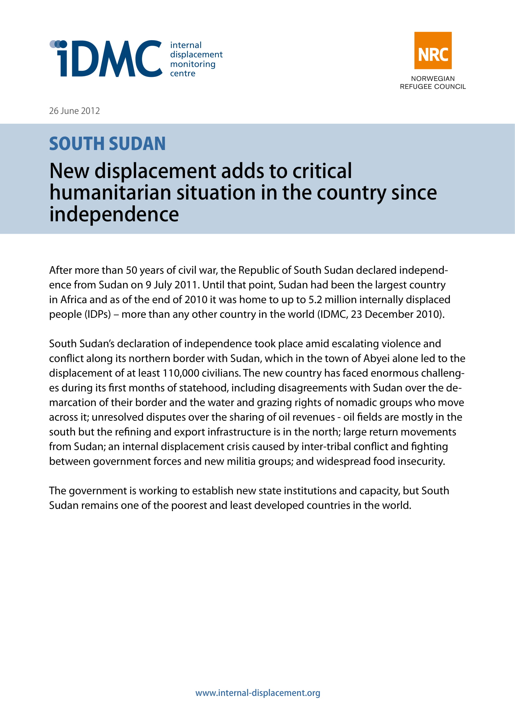 South Sudan: New displacement adds to critical humanitarian situation in the country since independence
